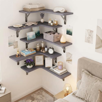 Fixwal Corner Floating Shelves Set of 5, Rustic Wood Wall Mounted Corner Shelf for Bathroom, Kitchen, Bedroom, Home Decor, Laundry Room, Living Room(Gray) | Solid wood shelf with metal brackets, holds 40 lbs. Optimizes corner storage. Fits bathroom, kitch