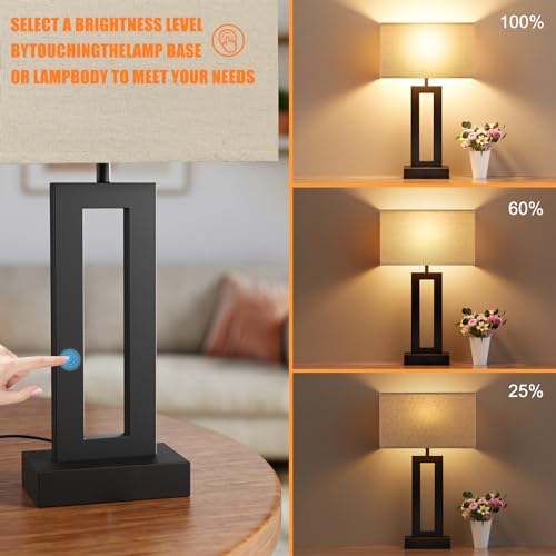 19.6" Touch Lamps for Nightstand, 3 Way Dimmable Bedroom Lamp, USB C+A | Touch Control, LED Bulb Included, Lamp with Charging Station, Bedside, Fabric Lampshade, Easy Assembly - color: A. Beige&Black, size: Medium(19.6in)