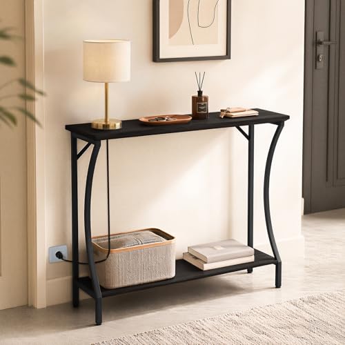 ARTPOWER Wood Narrow Console Table with Built-in Power Outlets, Black | Slim Behind Couch Sofa Table with Charging Station, Skinny Entryway Table with Open Shelf for Living Room, Hallway, Foyer - color: Black, size: 1-pack