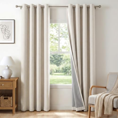 100% Blackout Linen Textured Curtains 84 Inch Long, Beige | 100% Blackout Shield, Light Blocking, Thermal Insulated, Grommet Window Curtains for Bedroom/Living Room, 50"x84", 2 Panels - color: Alba | Beige, size: 50"W x 84"L (Pack of 2)