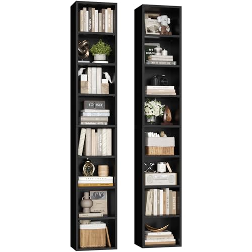 FOTOSOK 2 Pcs 71'' Tall Narrow Bookshelf, 8-Tier Media Tower Rack Set of 2 | CD DVD Storage Cabinet with Adjustable Shelves, Tall Narrow Bookcase Skinny Display Bookshelf Slim Shelf, Black - color: Black