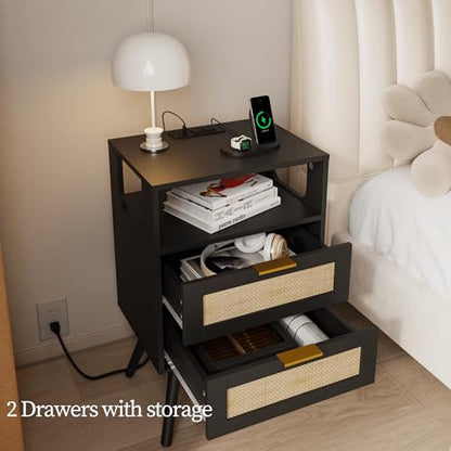 Rattan Nightstand with Charging Station,Farmhouse Bedside Table with 2 Storage Drawer and Open Wood Shelf, for Bedroom and Small Spaces,Night Stand with Solid Wood Legs (Black-Outlet) - color: Black-outlet