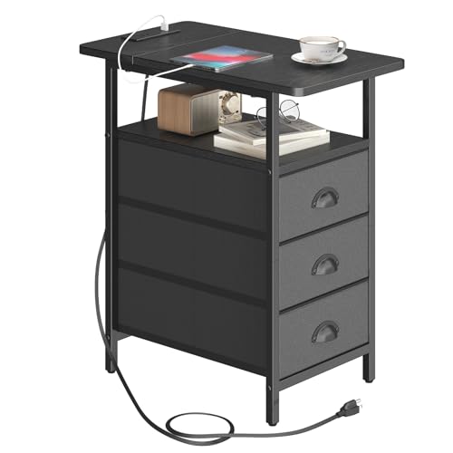 sthmec End Table with Charging Station, Side Tables Livingroom with USB Ports and Outlets,Narrow Nightstands Bedside Tables with 3 Drawers PU Finish for Small Space,Slim Sofa Table Bedroom,Black - color: Black, size: 11.75'' W*21'' D* 24.3'' H, style: Pow