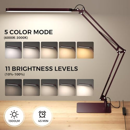 LED Desk Lamp with Slim Base - Adjustable Swing Arm Desk Light, Dimmable, Timer, Eye Protection, Memory Function, 1300LM, 12W, Red - style: Red swing arm with Base