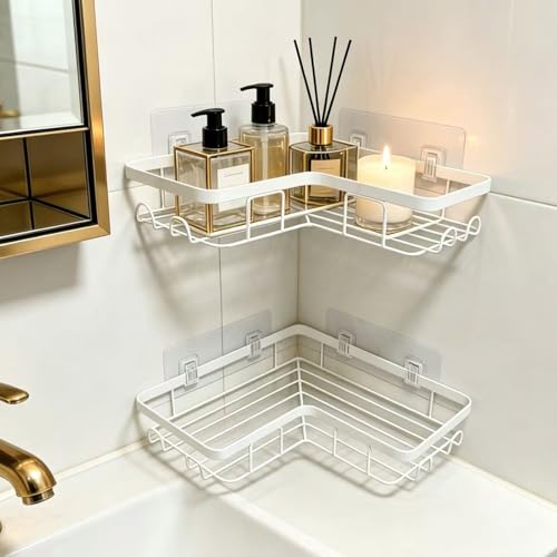 Shower Caddy 2 Pack, No Drilling Adhesive Bathroom Organizer Shelf Rack, Corner Shower Shelf with Hooks for Home Decor & Storage - color: White