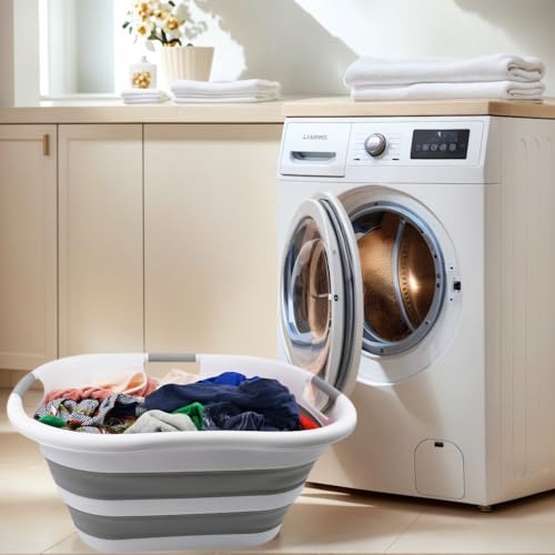 SAMMART 40L (10.5 gallon) Collapsible Plastic Laundry Basket - Foldable Pop Up Storage Container/Organizer - Portable Washing Tub - Space Saving Hamper/Basket (1, White/Grey) - color: White/Grey