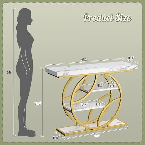Huuger 41.3 Inch Entryway Table, Console Table with Shelves, Sofa Table | Entrance Table, Console Tables for Entryway, Hallway, Entrance, Foyer, Living Room, O-Shaped Hall Table, White Marble & Gold - color: Marble Gold, size: 11.8"D x 41.3"W x 31.5"H