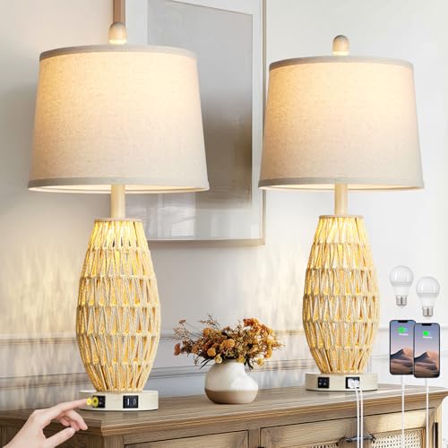 CINSARY 27“ Beige Rattan Table Lamps with Night Light, Boho Bedside Lamps Set of 2, Woven Wicker Bedroom Lamp for Nightstand with USB A+C Charging Port & AC Outlet, Tall Coastal Living Room Lamp - color: Beige