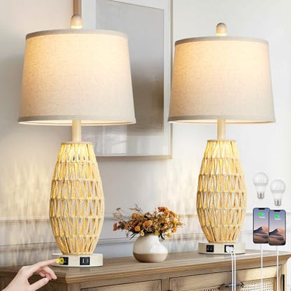 CINSARY 27“ Beige Rattan Table Lamps with Night Light, Boho Bedside Lamps Set of 2, Woven Wicker Bedroom Lamp for Nightstand with USB A+C Charging Port & AC Outlet, Tall Coastal Living Room Lamp - color: Beige