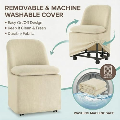 KISLOT Upholstered Dining Chairs Set of 1 with Casters, Modern Side Armless Deskchair with Washable Slipcover & Sturdy Metal Frame for Diningroom Bedroom Livingroom Reading Room, Sand Fabric