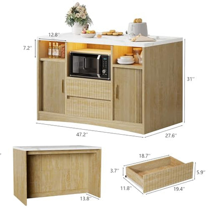 Kitchen Island on Wheels, Rolling Island Cart with Power Outlet | & RGB LED Light, Movable Buffet Cabinet with Fluted Sliding Door, 2 Drawers, Microwave Cart, Large Countertop, Natural - color: Natural