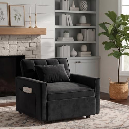 Sleeper Chair with Pull Out Bed, 3 In1 Convertible Couch Bed, Black | Adjustable Backrest,Soft Cushioning,Handy Side Pocket - color: D-black-g4