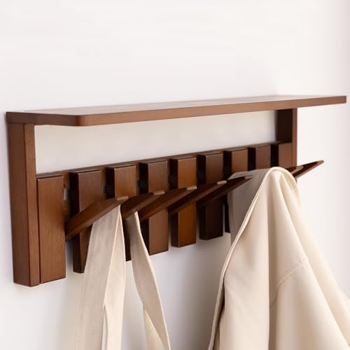 Wooden Coat Rack Wall Mount with Shelf, Heavy Duty Entryway Organizer with 8 Hooks,Coat Hooks Hanger for Coats, Hats, Bags & Towels, Walnut Wall Hanger for Hallway, Bedroom, Kitchen (8 Hooks) - size: 8 Hooks