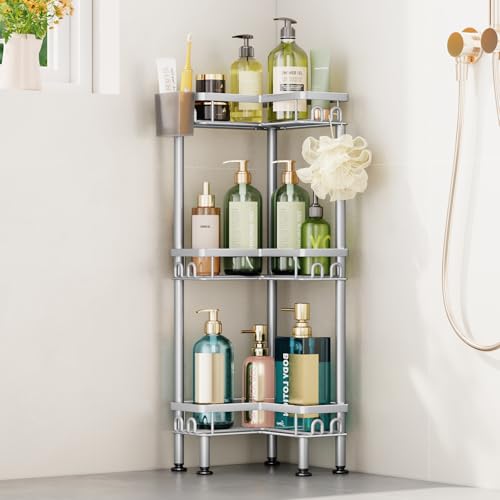 HapiRm Standing Shower Caddy Corner - 3 Tier Corner Shower Organizer with Toothbrush Holder and 12 Hooks, Large Capacity Rustproof Bathroom Shelves for Tall Bottles, Silver - color: Silver, size: 3-tier