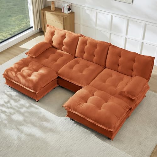 Modular Sectional U-Shaped Sofas,Roomy 3 Seater Sofa Couch with Ottomans,107.8" Chenille U Shape Cloud Couches,Modern Tufted Corner Sofa Set for Living Room - color: Orange, size: 3+2