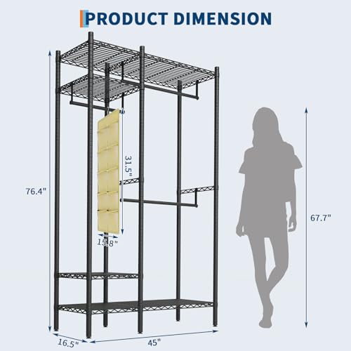 PioneerWorks Heavy Duty Garment Rack 1210 LBS, Commercial Clothing Rack with 4 Adjustable Shelves, Freestanding Wardrobe Closet Organizer, Metal Storage Rack for Home, Retail, Laundry Room - size: 45"W × 16.5"D × 76.4"H