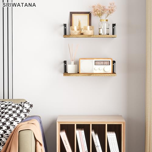 SRIWATANA Carbonized Black Deep Floating Shelves, Set of 2 Wood Wall Shelf | Sturdy Rustic Wood Organizers; Large Capacity Spacious Hanging Boards to Display Books, Plants, & Kitchen Spices - color: Carbonized Black