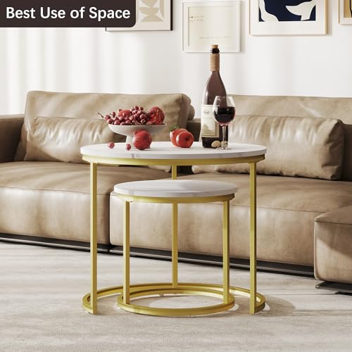 Otterease Nesting Tables Set of 2, Round Coffee Table, Small Nesting Coffee Table with Adjustable Non-Slip Fee, White Marble Top Stack Nesting Tables Set of 2 for Living Room, Bedroom (White) - color: 23.6" Marble White