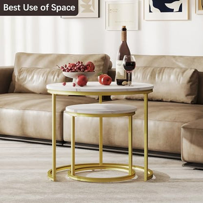 Otterease Nesting Tables Set of 2, Round Coffee Table, Small Nesting Coffee Table with Adjustable Non-Slip Fee, White Marble Top Stack Nesting Tables Set of 2 for Living Room, Bedroom (White) - color: 23.6" Marble White