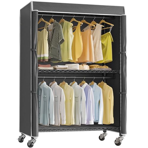 VIPEK R2C Rolling Clothing Rack Covered Portable Closet for Hanging Clothes | Lockable Silent Wheels, 650lbs Heavy Duty Double Hanging Rods, Adjustable Wire Shelving/Side Hooks, Polyester Cover, for Home - color: Black Rack with Black Cover, size: R2C Plu