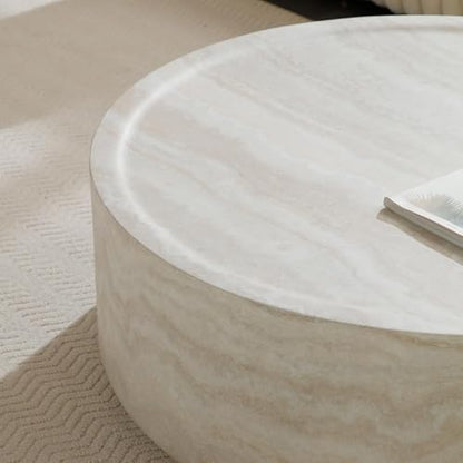 31.49" Round Coffee Table Faux Marble for Living Room, Travertine Stone Pattern Modern Drum Circle Round Center Table for Living Room, Apartment, Office, Fiberglass, No Assembly, Beige - size: 31.49x31.49x12
