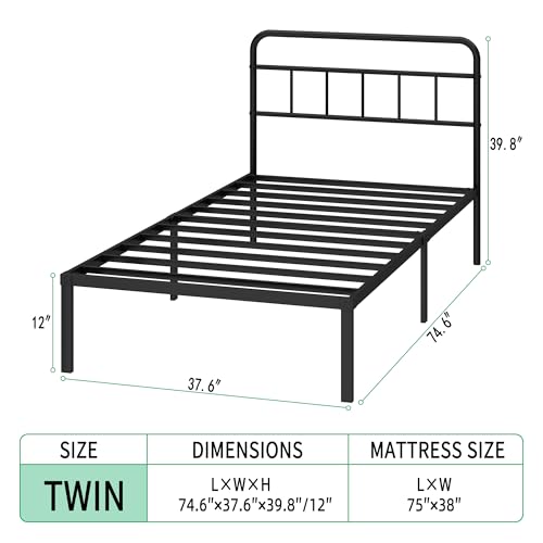 Twin Bed Frame with Classic Headboard, Black | Strong Metal Slats Support,Under Bed Storage Space,No Box Spring Needed,Easy to Assemble - size: Twin