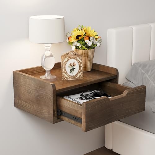 Floating Nightstand, Bedside Shelf Wall Mounted, Small Modern Floating Shelf Nightstand with Drawer, Floating Bedside Table Wall Shelf for Bedroom, Bathroom (Pine Wood)