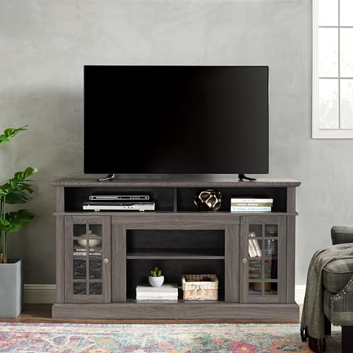 Dark Walnut TV Stand 58 in with Glass Doors, Wood Entertainment Center for TVs up to 65 inch, Tall Media Console with Adjustable Shelves and Cable Management for Living Room, Black Accents - color: Black + Dark Walnut