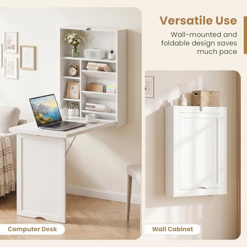 Giantex Wall Mounted Desk, Foldable Convertible Computer Desk with Storage Shelves, Space Saving Fold Out Table, Folding Floating Writing Desk for Small Spaces, Home Office, Bedroom, Apartment (White) - color: White
