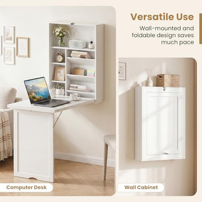 Giantex Wall Mounted Desk, Foldable Convertible Computer Desk with Storage Shelves, Space Saving Fold Out Table, Folding Floating Writing Desk for Small Spaces, Home Office, Bedroom, Apartment (White) - color: White