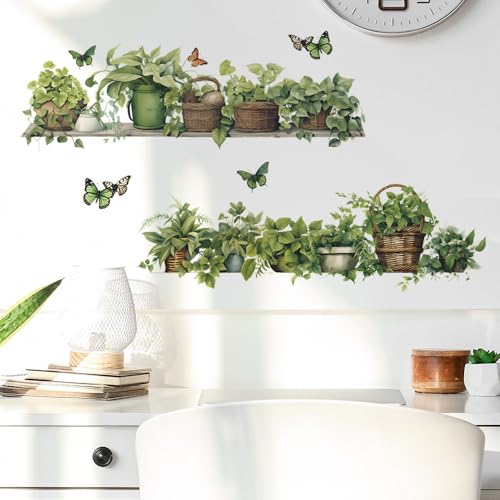 Green Plant Wall Decals 3D Bonsai Tropical Plant Betterfly Wall Sticker Creative Vinyl Peel and Stick Removable Wall Art Decor for Living Room Bedroom Home Office - style: Green Plant 1