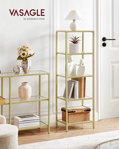 VASAGLE Bookcase, 5-Tier Bookshelf, Slim Shelving Unit for Bedroom, Bathroom, Home Office, Tempered Glass, Steel Frame, Metallic Gold ULGT029A01 - color: Metallic Gold, size: 5 Tiers (15.7"W x 49"H)
