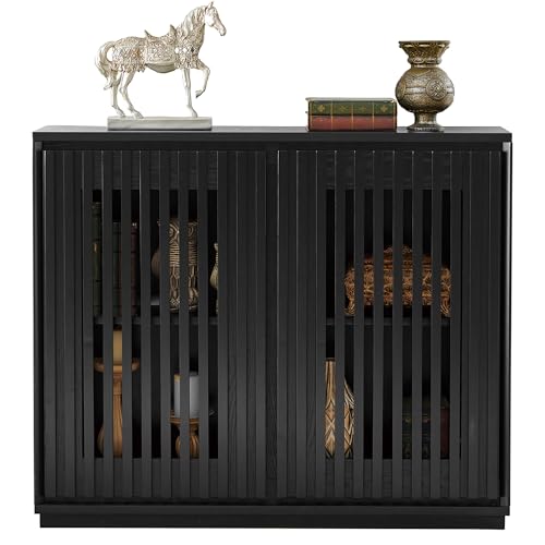 Black Wood Storage Cabinet with Doors,Narrow Small Sideboard Buffe | Narrow Sideboard Cabinet Small Spaces with Arched Doors,TV Media Console Cabinet for Kitchen; Living Room; Entryway - color: B- Black, size: 1 Piece