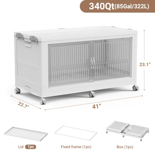 BROVIEW 340QT Extra Large Stackable Storage Bins with Lid, 1Pack White | 85Gal Plastic Collapsible Cabinets Containers, Wheels & PET Doors, Foldable Closet Organizers Drawers for Office, Dorm - color: White, size: 85Gal-1Pack