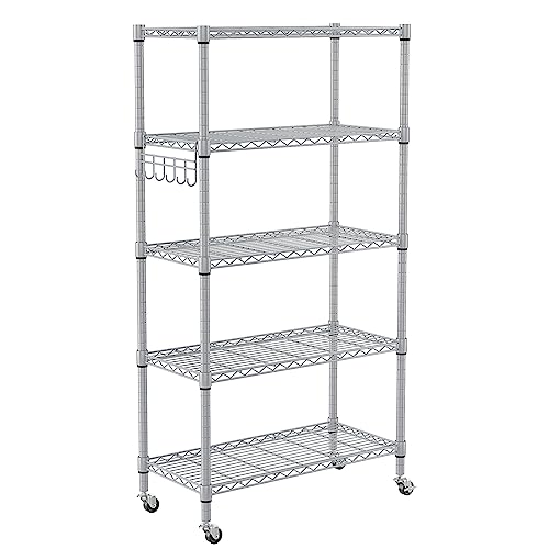 Homdox 5 Tier Adjustable Rolling Storage Shelves, Heavy Duty Wire Racks and Shelving, Metal Shelves for with Side Hooks Pantry Closet Kitchen Garage Organization, Silver Gray - color: Silver, size: 29.92*13.78*62.20 inch
