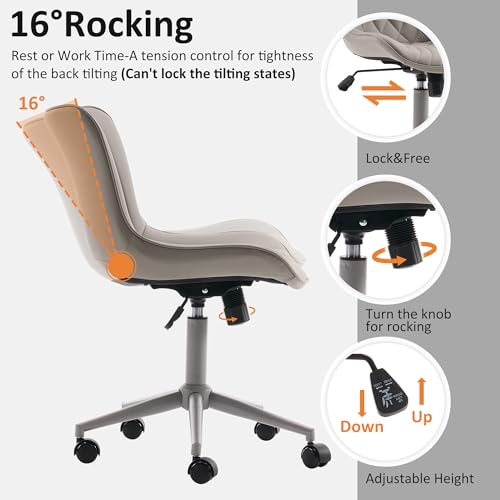 YOUTASTE Grey Armless Office Chair, Modern Adjustable Swivel Desk Chair with Wheels, Upholstered PU Leather, Gray Metal Legs, Back Support for Home Office, Study, Vanity, Bedroom - color: All Grey