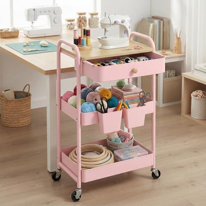 Rolling Cart with Drawers, Storage Cartwith Locked Wheels, Hooks & Hanging Cups for Any Room, Pink - color: Pink