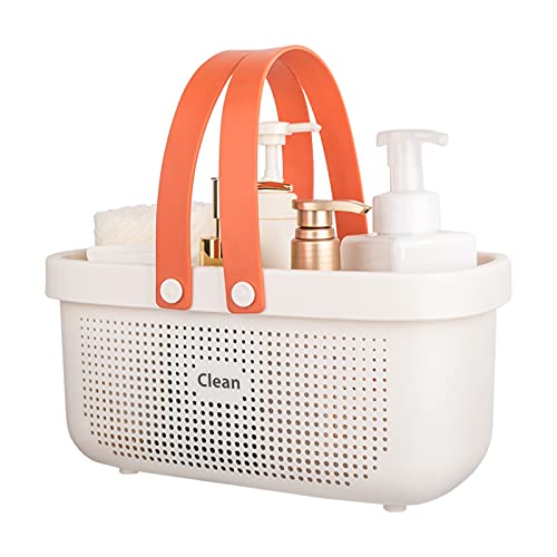 JiatuA Plastic Storage Basket with Handle Portable Shower Caddy Tote Organizer Basket Bin for Bathroom Kitchen Dorm Room Bedroom, White | Sturdy Drainage Large Capacity Organizer Basket with Silicone Handles for Bathroom Kitchen Bedroom College Dorm Essen