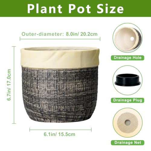 8 Inch Plant Pot, Ceramic Flower Pots, Round Planter, Light Black | Decorative Pots for Plants for Indoor Plants, Boho Plant Pot with Drainage Hole, Living Room Decor, Plant Lover Gifts - color: Light Black, size: 8 Inch