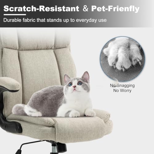 Fabric Office Chair High Back Executive Ergonomic Chair Flip Arms | Premium cloth fabric office chair with high back ergonomic support, flip-up arms, adjustable height, 90°-120° tilt function - color: Beige