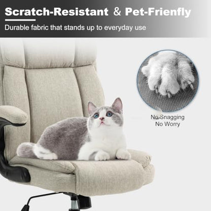 Fabric Office Chair High Back Executive Ergonomic Chair Flip Arms | Premium cloth fabric office chair with high back ergonomic support, flip-up arms, adjustable height, 90°-120° tilt function - color: Beige