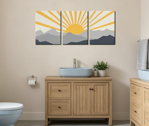 Frimeeme Modern Boho Sun Canvas Wall Art, Set of 3, Yellow and Gray Mountain Sunrise, 12x16 Inch Each, Framed - color: Framed - Sun Canvas Wall Art, size: 12"L x 16"W x 3Pieces