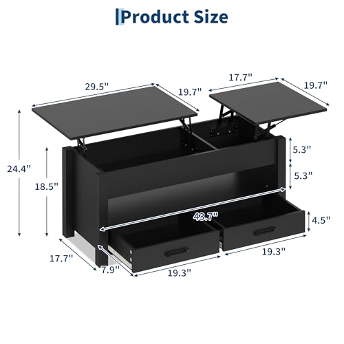 Multifunctional Lift Top Coffee Table, Convertible Wooden Coffee Table with 2 Drawers & Hidden Compartment, Storage Center Table for Living Room Home Office,Black - color: Black