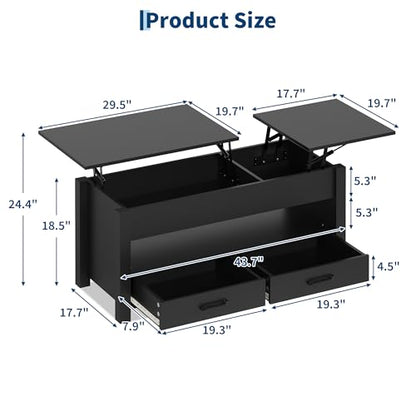 Multifunctional Lift Top Coffee Table, Convertible Wooden Coffee Table with 2 Drawers & Hidden Compartment, Storage Center Table for Living Room Home Office,Black - color: Black