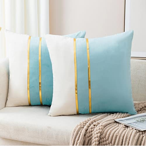 ZLINA Gold Leather Striped Throw Pillow Covers 20×20 Inch.Aqua Green | 2-Pack,Velvet fabric two tone pillow cover,with gold leather stripe decoration cushion covers,for Sofa Bedroom Home Decor - color: Aqua Green, size: 20" x 20" (Pack of 2)