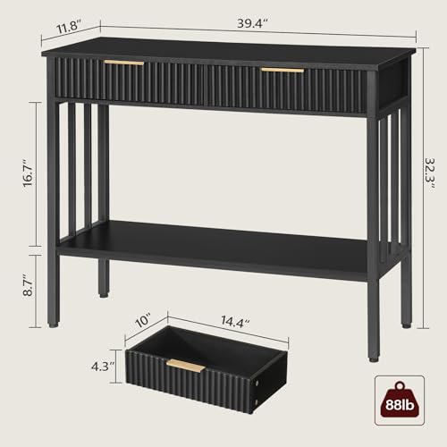 MAHANCRIS 39.4" Console Table with 2 Drawers, Fluted Black Entryway Table | Narrow Long Entry Table with Storage Shelf, Sofa Table for Entryway, Living Room, Foyer, Hallway, Office, Black CTHB5101 - size: 11.8"D x 39.4"W x 32.3"H