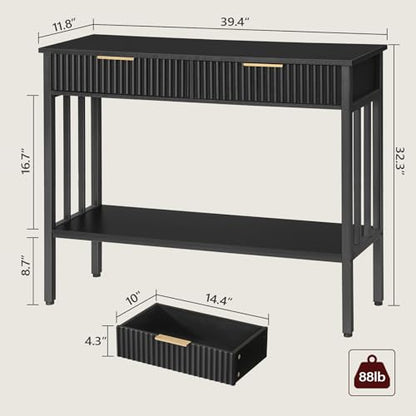 MAHANCRIS 39.4" Console Table with 2 Drawers, Fluted Black Entryway Table | Narrow Long Entry Table with Storage Shelf, Sofa Table for Entryway, Living Room, Foyer, Hallway, Office, Black CTHB5101 - size: 11.8"D x 39.4"W x 32.3"H