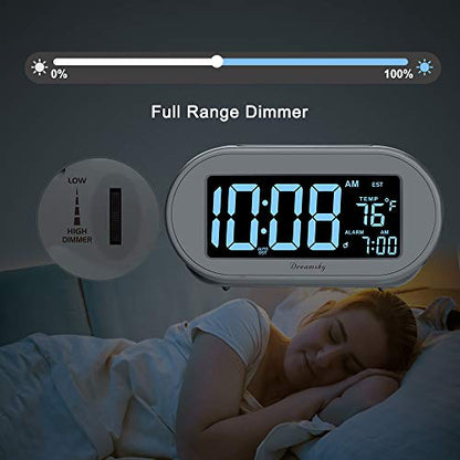 DreamSky Alarm Clocks for Bedrooms, Auto Set Digital Clock with Date & Temp | Electric Desk Clock with Dimmable Brightness Dimmer for Bedside Nightstand, Auto DST, USB Port, Temperature, Snooze - color: Gray