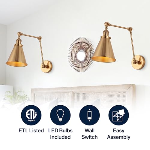 JONATHAN Y Rover 1-Light Wall Sconce 7", Brass Gold, Set of 2 | Adjustable Arm, Hardwired Bedside Reading Swing Arm, Farmhouse Cone Shade, Metal Hardwired Indoor Fixture, LED Bulbs Included - color: Brass Gold, size: Set of 2