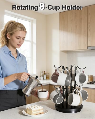 8-Hook 360° Rotating Large Coffee Mug Tree for Counter, Wood Base, Black | 360° rotation, 8 mugs (12-16oz), 5.7" spacing, anti-slip, metal/wood, stable. - color: Black